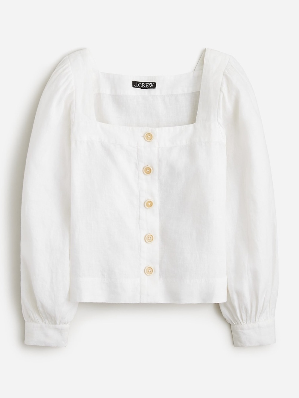 J. Crew linen top Squareneck button-up blouse puff long sleeve neutral